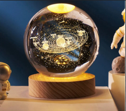 3d Galaxy Solar System Crystal Ball Night Light With Wooden Base