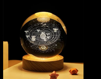 3d Galaxy Solar System Crystal Ball Night Light With Wooden Base